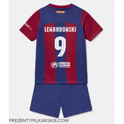 Stroje piłkarskie Barcelona Robert Lewandowski #9 Koszulka Podstawowej dla dzieci 2023-24 Krótki Rękaw (+ szorty)